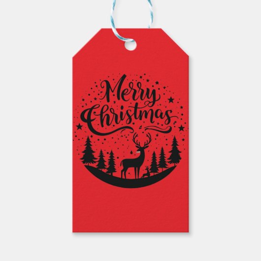 Klassieke Merry Christmas Deer en Tree Design Art Cadeaulabel (Voorkant)