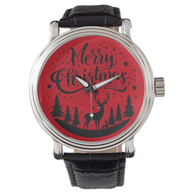 Klassieke Merry Christmas Deer en Tree Design Art Horloge (Voorkant)