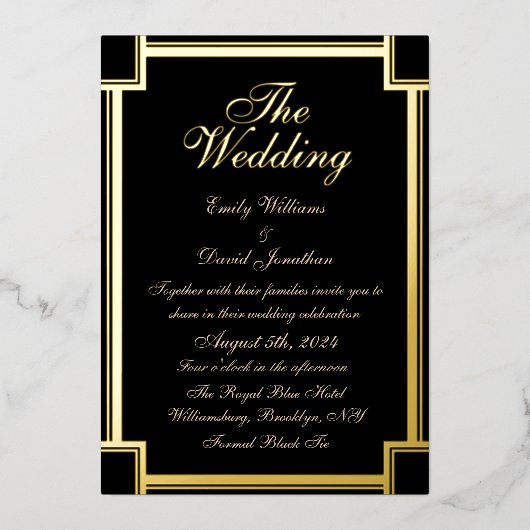 Klassieke Metallic Zwart en Gouden Gothic Folie Uitnodiging (Voorkant)