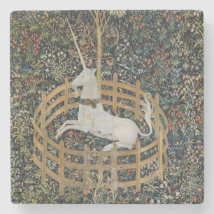 Klassieke middeleeuwse kunst van een eenhoorn in g stenen onderzetter