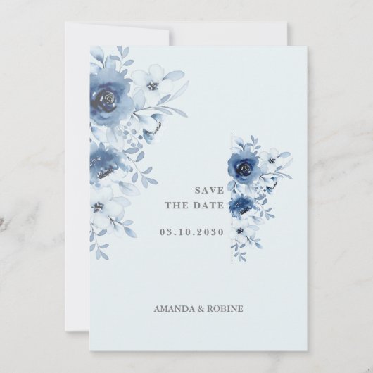 Klassieke Minimal Blue Floral Wedding Kaart (Voorkant)