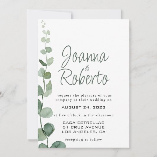 Klassieke Minimale Eucalyptus Formele bruiloft Kaart (Voorkant)