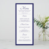 Klassieke minimale marineblauwe bruiloft menu (Staand voorkant)