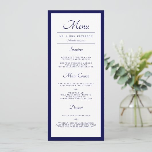 Klassieke minimale marineblauwe bruiloft menu (Staand voorkant)