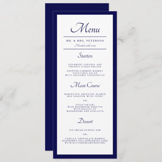 Klassieke minimale marineblauwe bruiloft menu (Voorkant / Achterkant)