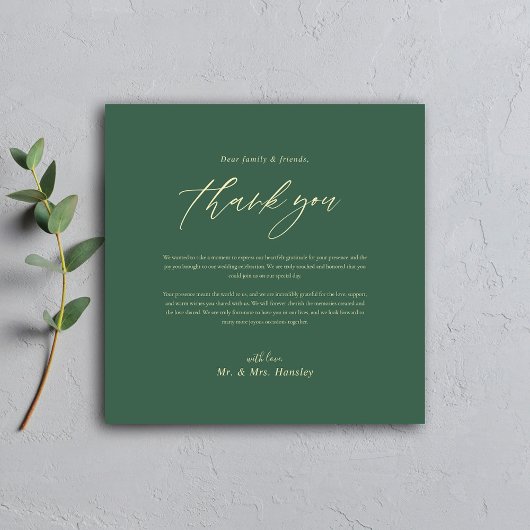 Klassieke minimale moderne groene elegante bruilof bedankkaart