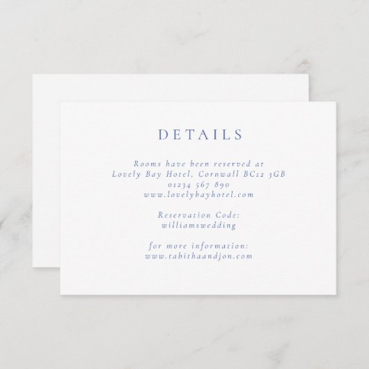 Klassieke minimalistische blauw-witte bruiloft det informatiekaartje (Voorkant / Achterkant)