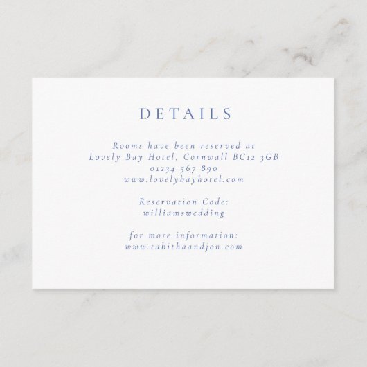 Klassieke minimalistische blauw-witte bruiloft det informatiekaartje (Voorkant)