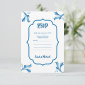 Klassieke Minimalistische Blauwe Tegel Bladornamen Save The Date (Staand voorkant)