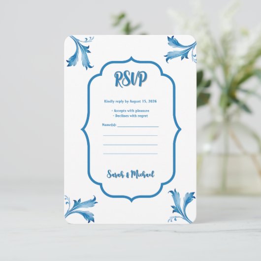 Klassieke Minimalistische Blauwe Tegel Bladornamen Save The Date (Staand voorkant)