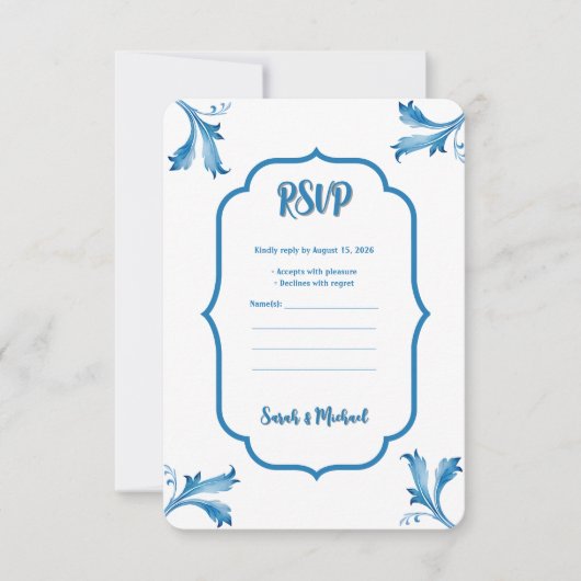 Klassieke Minimalistische Blauwe Tegel Bladornamen Save The Date (Voorkant)