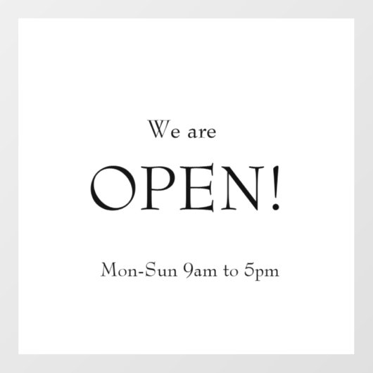 KLASSIEKE Minimalistische Elegantie Wij zijn open Raamsticker (Vel)