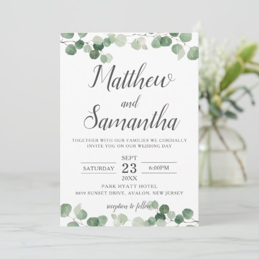 Klassieke minimalistische eucalyptus groen bruilof kaart (Staand voorkant)