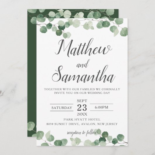 Klassieke minimalistische eucalyptus groen bruilof kaart (Voorkant / Achterkant)