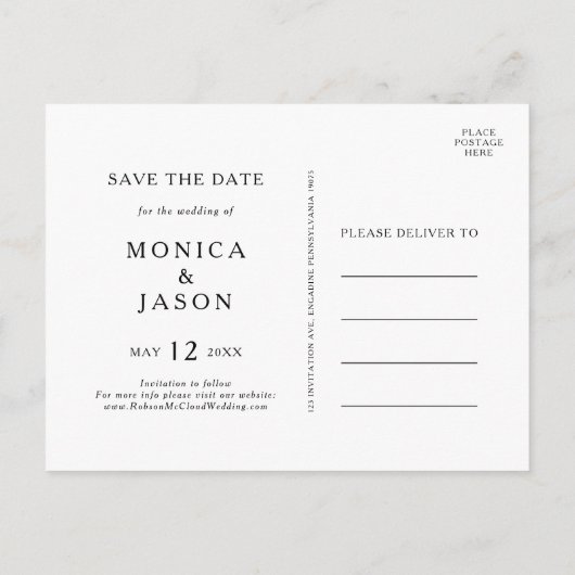Klassieke Minimalistische Foto Save The Date Postk Uitnodiging Briefkaart (Achterkant)