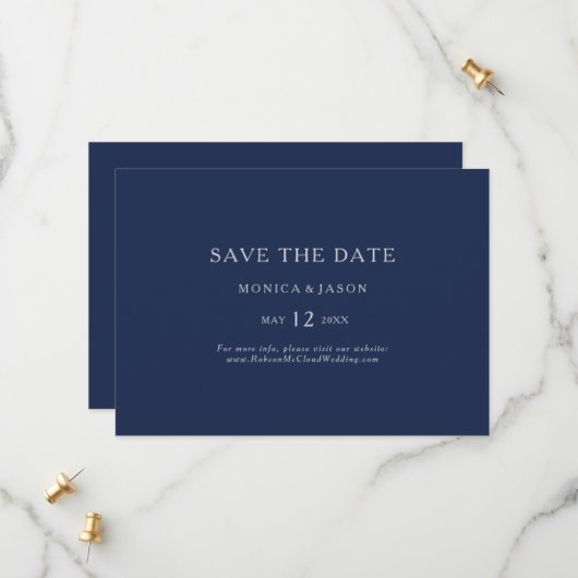 Klassieke minimalistische marineblauw | Zilver hor Save The Date (Voorkant / Achterkant in situ)