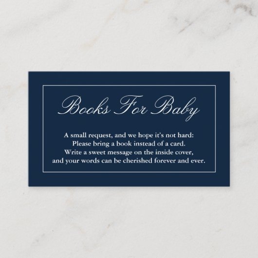 Klassieke, minimalistische marineblauwe boeken voo informatiekaartje (Voorkant)
