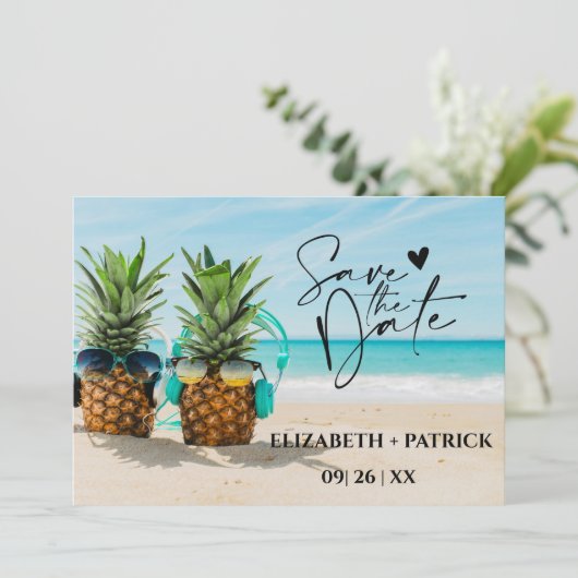 Klassieke minimalistische, tropische strand save the date (Staand voorkant)