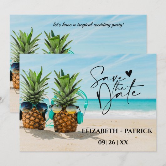Klassieke minimalistische, tropische strand save the date (Voorkant / Achterkant)