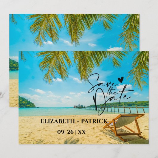 Klassieke minimalistische, tropische strand save the date (Voorkant / Achterkant)