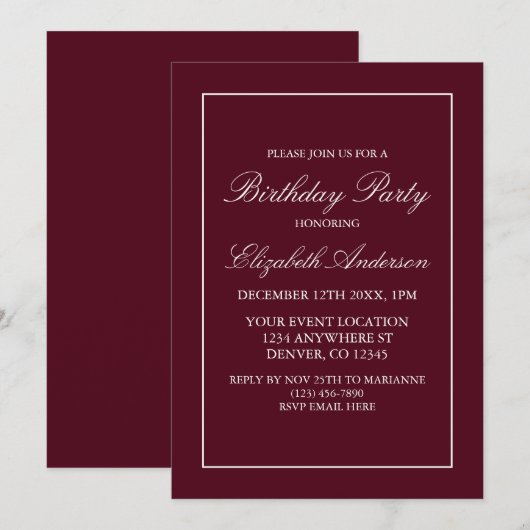 Klassieke minimalistische uitnodiging aan Burgundy (Voorkant / Achterkant)