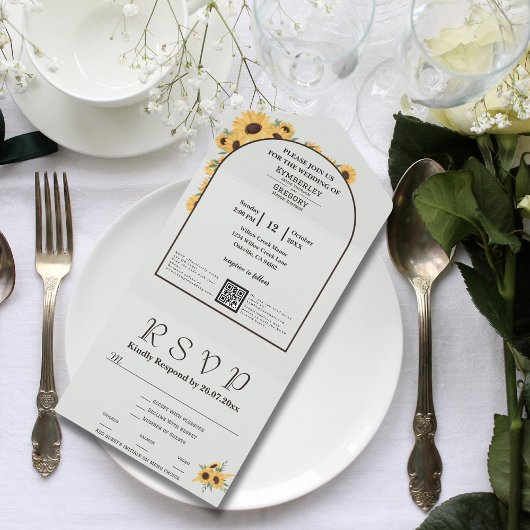 Klassieke Minimalistische Zonnebloem Boog Groen QR All In One Uitnodiging