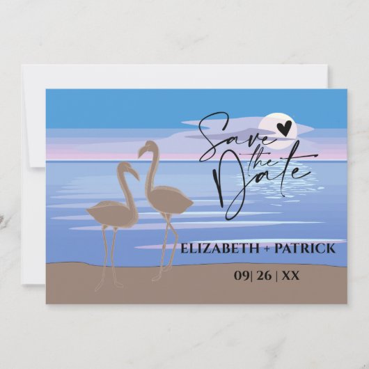 Klassieke minimalistische, zonsondergang, flamingo save the date (Voorkant)