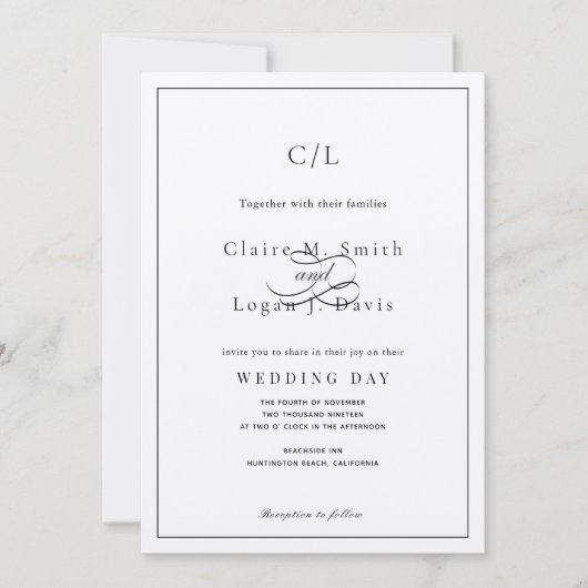 Klassieke minimalistische zwart-wit monogram bruil kaart (Voorkant)