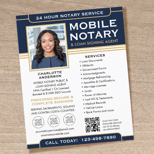 Klassieke Mobiele Notaris Flyer QR Code Navy Goud