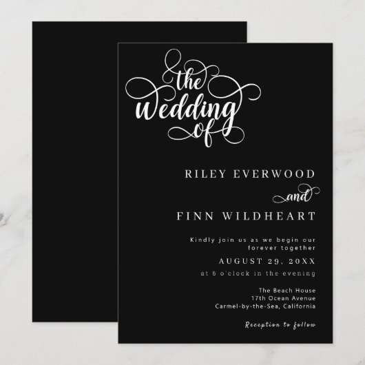 Klassieke Modern Zwart-wit Script Wedding Kaart (Voorkant / Achterkant)