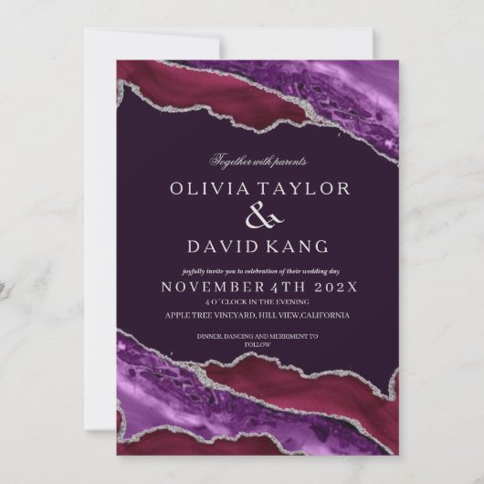 Klassieke Moderne Bordeaux & Paarse Zilveren Bruil Kaart (Voorkant)