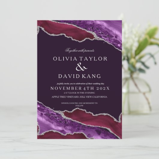 Klassieke Moderne Bordeaux & Paarse Zilveren Bruil Kaart (Staand voorkant)