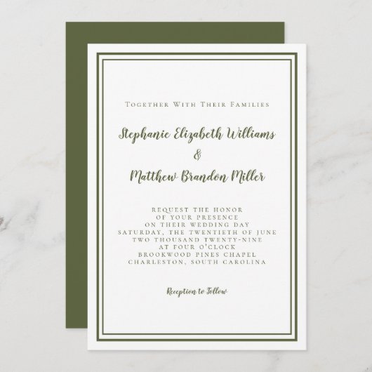 Klassieke moderne, eenvoudige Olijfgroene en witte Kaart (Voorkant / Achterkant)