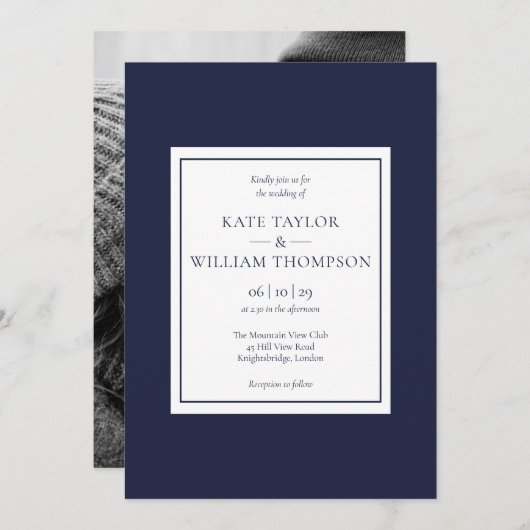 Klassieke moderne marine blauw foto bruiloft kaart (Voorkant / Achterkant)