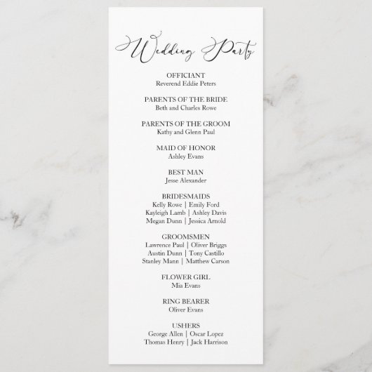 Klassieke moderne minimalistische elegante bruilof programmakaart (Achterkant)