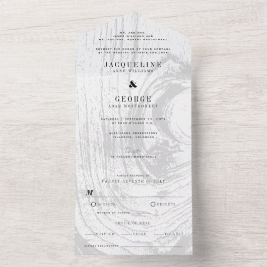 Klassieke Moderne Rustieke Woodgrain Winter Bruilo All In One Uitnodiging (Binnen)