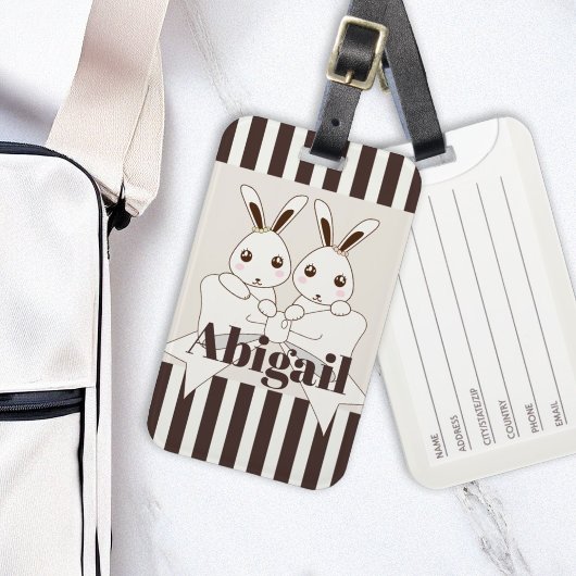 Klassieke moderne Stripe Cute Twin Bunny Kinder Bagagelabel