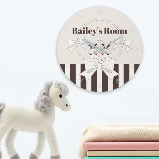 Klassieke moderne Stripe Cute Twin Bunny Kinder Grote Klok