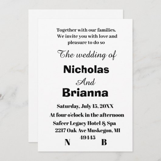 Klassieke moderne zwart-wit bruiloft uitnodiging (Voorkant / Achterkant)