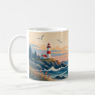 Klassieke mok met zonsondergang vuurtoren kust oce