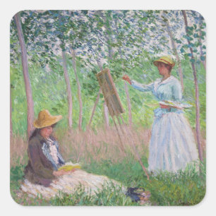 Klassieke Monet-boslandschapkunst met gedempt zonl Vierkante Sticker