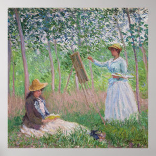 Klassieke Monet-boslandschapkunst met gevlekt zonl Poster