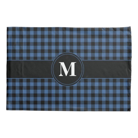 Klassieke monogram blauw en zwarte gingham kussensloop (Achterkant)