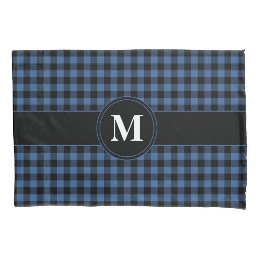 Klassieke monogram blauw en zwarte gingham kussensloop (Voorkant)