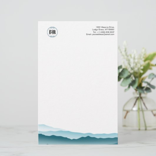 Klassieke Monogram Blue Mountain Uitzicht Business Briefpapier (Staand voorkant)