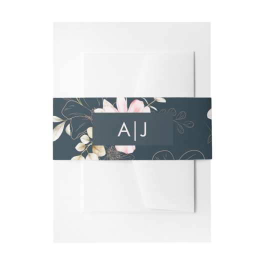 Klassieke Monogram Blush Bloemen Blauw Bruiloft Uitnodigingen Wikkel (Voorkant Voorbeeld)