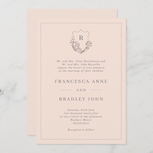 Klassieke monogram Blush Jasmine Crest Wedding Kaart (Voorkant / Achterkant)