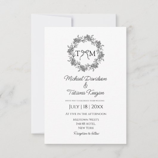 Klassieke Monogram Botanische Bloemlint bruiloft Kaart (Voorkant)