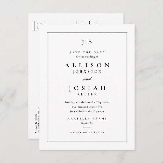 Klassieke monogram bruiloft bewaart de datum aankondigingskaart (Voorkant / Achterkant)