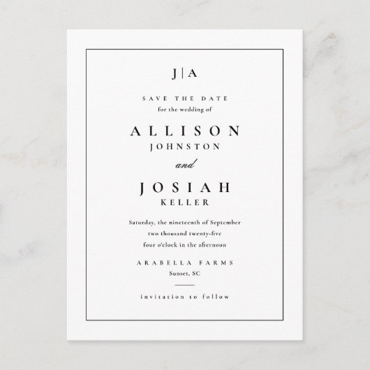 Klassieke monogram bruiloft bewaart de datum aankondigingskaart (Voorkant)